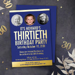 30th Birthdayパーティーブルー金ゴールドフォイル写真サークル 箔招待状<br><div class="desc">はっきりしたシンプルグラフィックダークブルー、金ゴールドフォイルまたは独自のフォイルカラー写真テンプレート30th誕生日パーティの招待状。自分の誕生日パーティーのイベント詳細と違う、現在の写真サークルの誕生日の男の子または女の子の3つの写真を使用して、このマイルストーンの誕生日の招待状をパーソナライズし、各10年の写真。その他の年の色と一致するアイテムが利用可能。©オリジナルデザインby Sarah Trett for www.mylittleeden.com on Zazzle.</div>