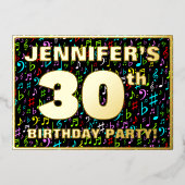 30th Birthdayパーティー—おもしろい、カラフル音楽シンボル 箔招待状 (正面)