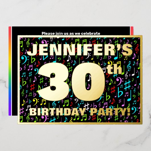 30th Birthdayパーティー—おもしろい、カラフル音楽シンボル 箔招待状 (正面/裏面)