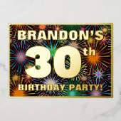 30th Birthdayパーティー—おもしろい、カラフルFireworks Look 箔招待状 (正面)