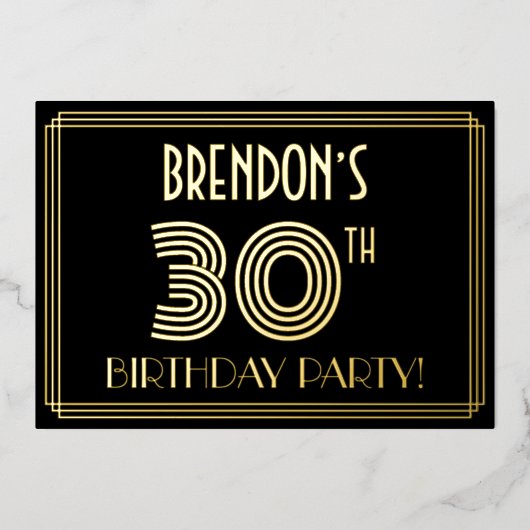 30th Birthdayパーティー—アールデコスタイル「30」 +名前 箔招待状 (正面)