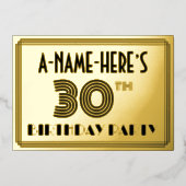 30th Birthdayパーティー—アールデコスタイル「30」 & Name 箔招待状 (正面)
