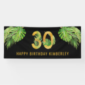 30th Birthdayブラックと金ゴールド熱帯葉パーティー 横断幕 (横)