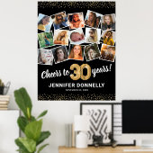 30th Birthdayブラック金ゴールド写真パーティー ポスター (ホームオフィス)