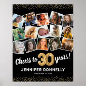 30th Birthdayブラック金ゴールド写真パーティー ポスター (正面)