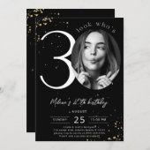 30th Birthdayブラック金ゴールド招待状と写真 招待状 (正面/裏面)