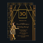 30th birthdayブラック金ゴールド1920年代アートデコ 招待状<br><div class="desc">30歳エレガントの誕生日パーティーの金ゴールドとグラム！金ゴールドとブラックのアートのスタイルの誕生日パーティへの招待フェイクと魅力的なお祝いのために。1920飾年のスタイルのフラッパーの女の子を前に、アートのデコのパターンを後ろに付けた。テンプレート30歳、名前、およびパーティー情報。</div>