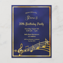 30th birthdayブルー金ゴールドミュージックノートへの招待 ポストカード