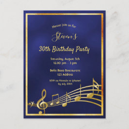 30th birthdayブルー金ゴールドミュージックノートへの招待 ポストカード