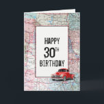 30th Birthday赤いレトロトラックの地図 カード<br><div class="desc">30歳の誕生日のアメリカの道路地図に赤いレトロトラック。</div>