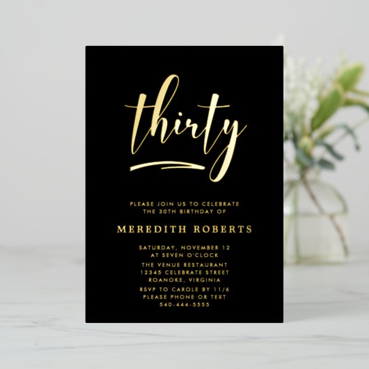 30th Birthday金ゴールドオンブラックラックスエレガントパーティー 箔招待状 (立ち正面)