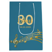 30th Birthday金ゴールド音楽ノートティール（緑がかった色）ブルー緑 ミディアムペーパーバッグ (裏面)