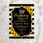 30th Birthday – ひまわり白黒ストライプ 招待状<br><div class="desc">30歳素朴の誕生日招待状。黒エレガントと白のデザイン、ひまわりストライプとグリッターの金ゴールドとフェイク。スクリプトスタイリッシュのフォントと紙吹雪の機能。エレガントな誕生日パーティーに最適。自分カスタマイズの詳細で</div>