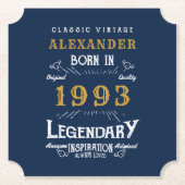 30th Birthday 生まれ 1993 名前の追加Legend Blue金ゴールド ペーパーコースター (正面)