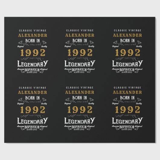 30th Birthday 1992黒い金ゴールド追加の名前伝説的 ラッピングペーパー (フラット)