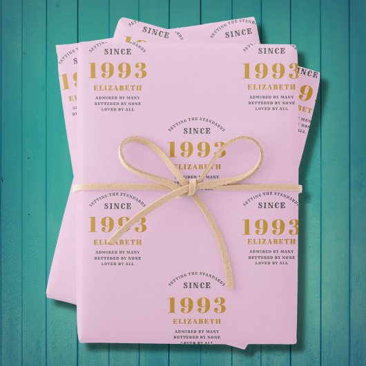 30th Birthday 1993 Add Name Pink Gray ラッピングペーパーシート