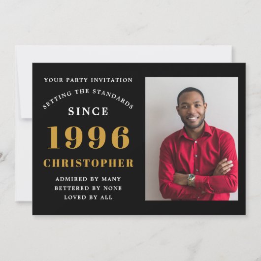 30th Birthday 1996 Black Gold Personalized Photo 招待状 (正面)