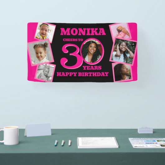 30th Birthday 7の写真名前ピンクブラック 横断幕 (トレードショー)