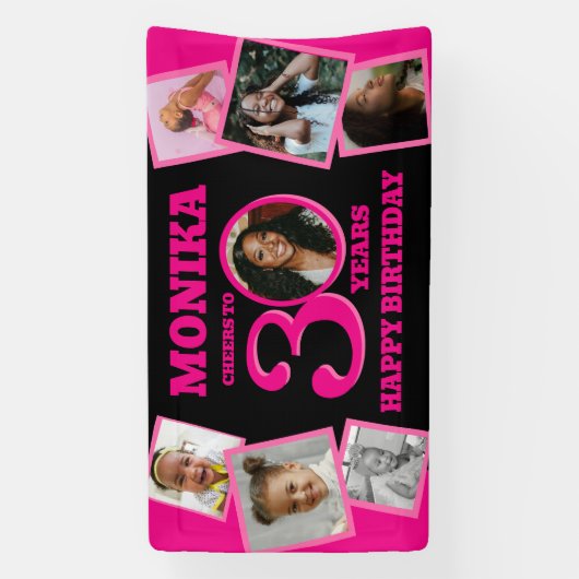 30th Birthday 7の写真名前ピンクブラック 横断幕 (縦)