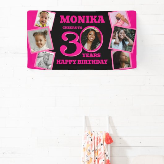 30th Birthday 7の写真名前ピンクブラック 横断幕 (インサイチュ)