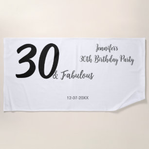 30th birthday add name date year black ビーチタオル