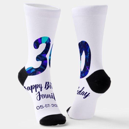 30th birthday add name date year blue sparkle ソックス (傾斜あり)