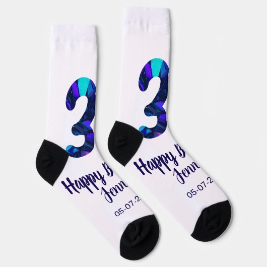 30th birthday add name date year blue sparkle ソックス (右)