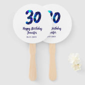 30th birthday add name date year blue sparkle  ハンドファン (正面&裏面)