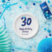 30th birthday add name date year blue sparkle  ペーパープレート (パーティー)