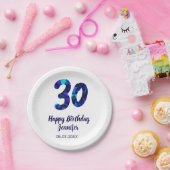 30th birthday add name date year blue sparkle  ペーパープレート (パーティー)