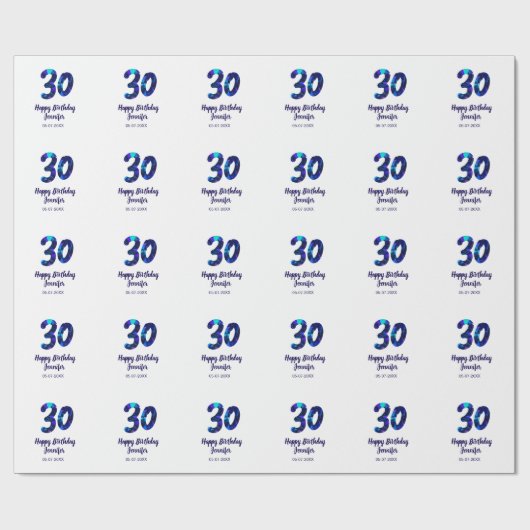 30th birthday add name date year blue sparkle  ラッピングペーパー (フラット)