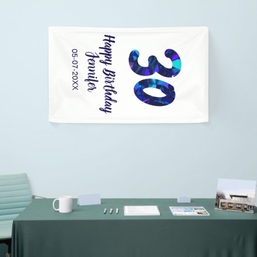 30th birthday add name date year blue sparkle  横断幕 (トレードショー)