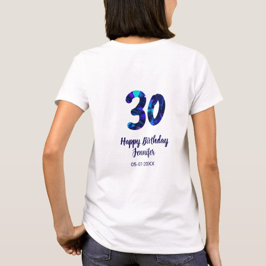 30th birthday add name date year blue sparkle  tシャツ (裏面)