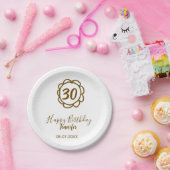 30th birthday add name date year golden flower tex ペーパープレート (パーティー)