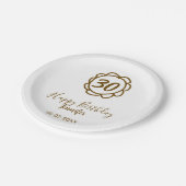 30th birthday add name date year golden flower tex ペーパープレート (アングル)