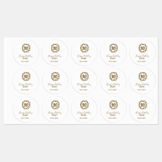 30th birthday add name date year golden flower tex ラベル (シート)