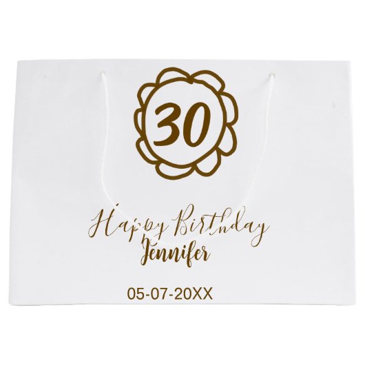 30th birthday add name date year golden flower tex ラージペーパーバッグ (正面)