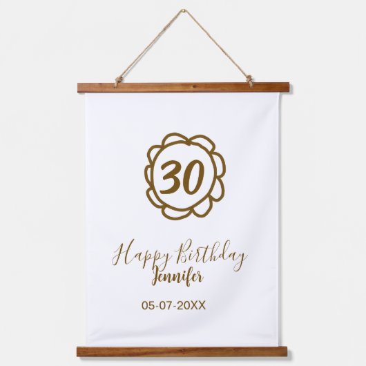 30th birthday add name date year golden flower tex 吊り下げ型タペストリー (正面)