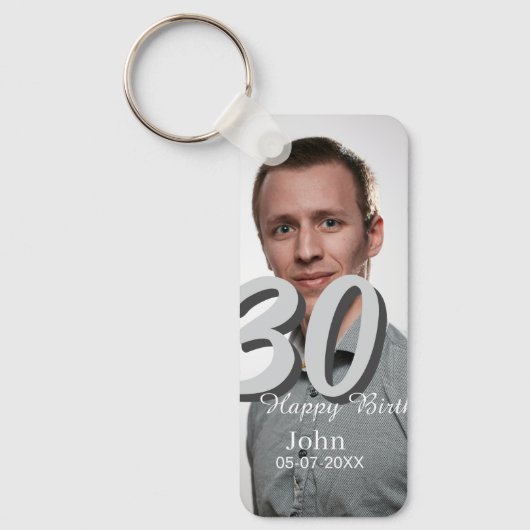 30th birthday add name date year white photo キーホルダー (正面)