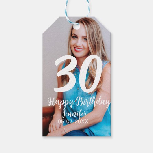 30th birthday add name date year white photo ギフトタグ (正面)