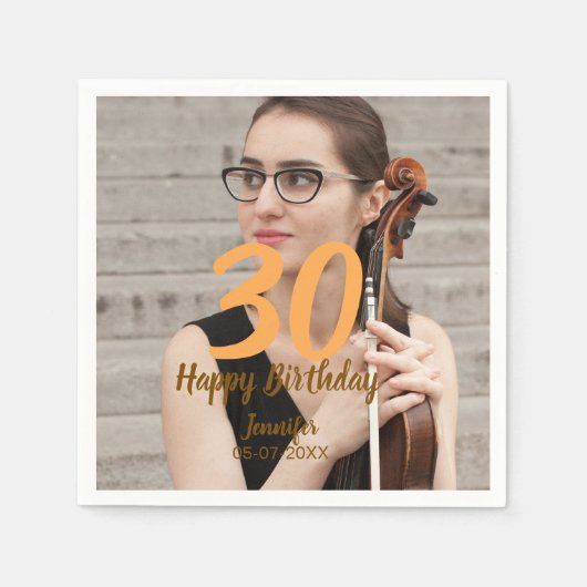 30th birthday add name date year white photo スタンダードカクテルナプキン (正面)