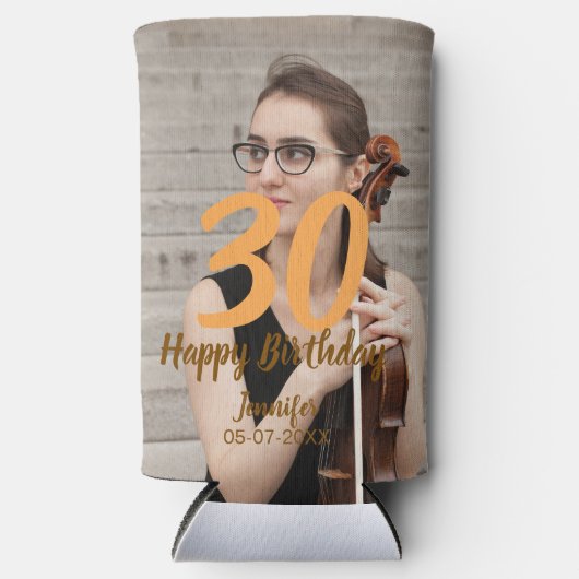 30th birthday add name date year white photo スリム缶クーラー (正面)