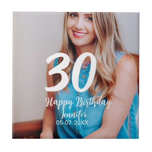 30th birthday add name date year white photo タイル (正面)
