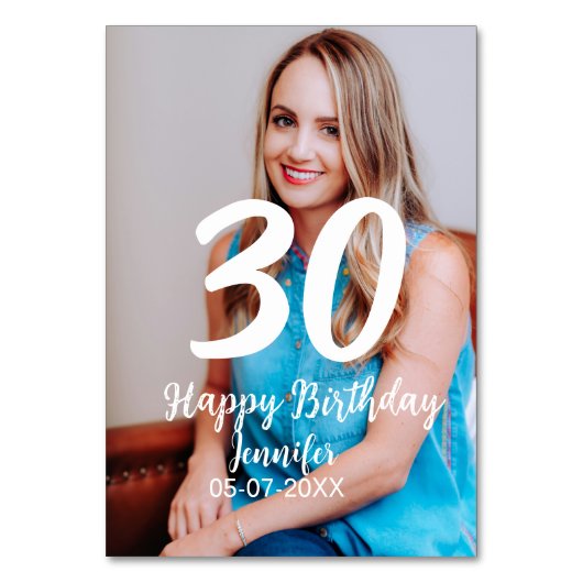 30th birthday add name date year white photo テーブルナンバー (正面)