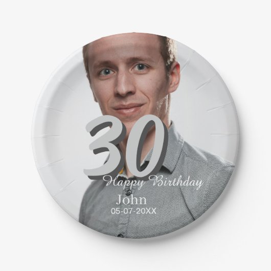 30th birthday add name date year white photo ペーパープレート (正面)
