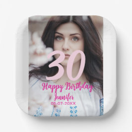 30th birthday add name date year white photo ペーパープレート