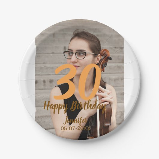 30th birthday add name date year white photo ペーパープレート (正面)