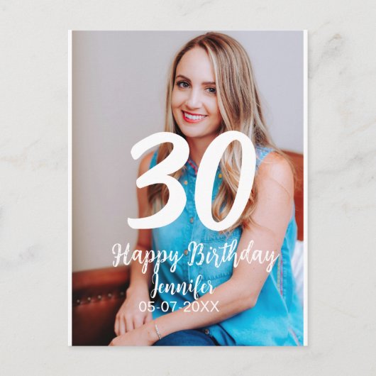 30th birthday add name date year white photo ポストカード (正面)
