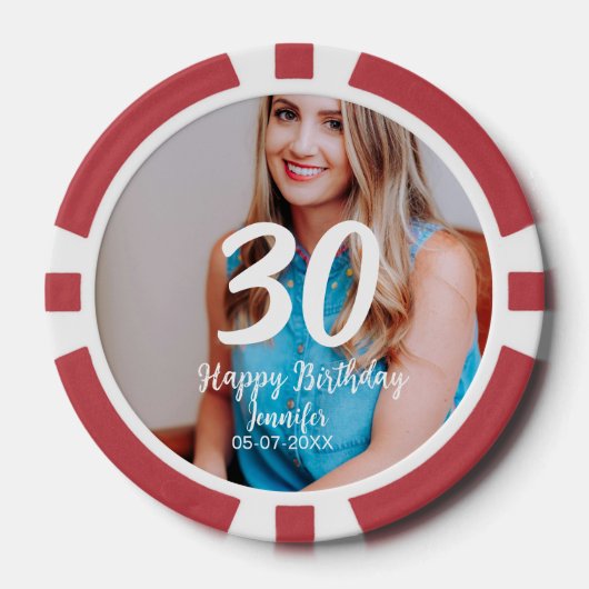 30th birthday add name date year white photo ポーカーチップ (正面)