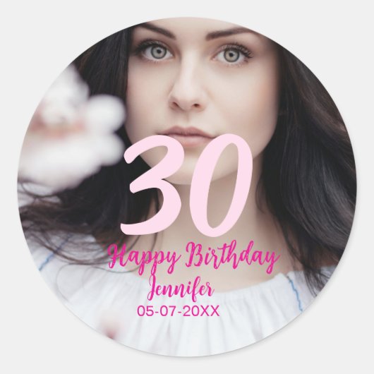 30th birthday add name date year white photo ラウンドシール (正面)